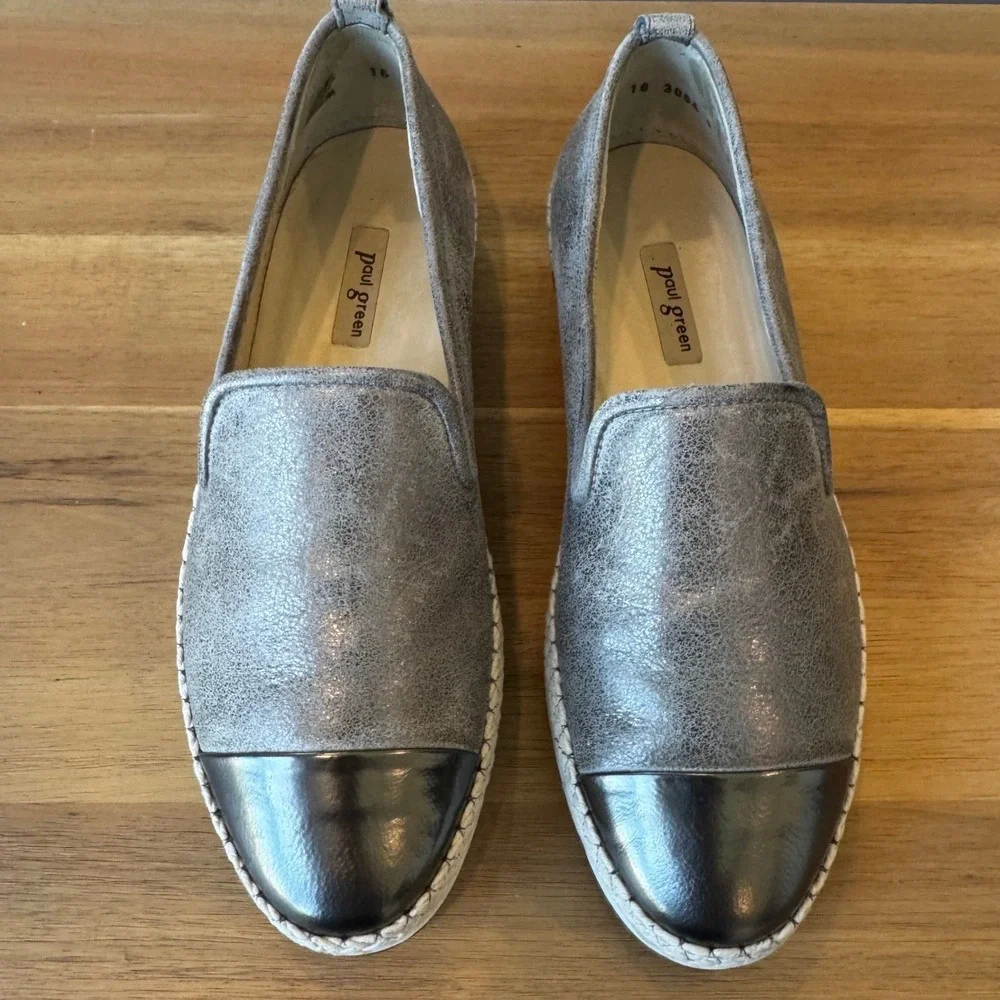 Paul Green Women 5.5 UK 3 Metallic Silver Leather Espadrille Loafer Cap Toe